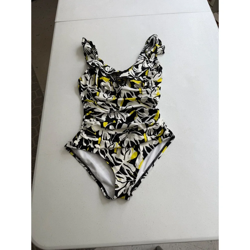 DKNY Womens Small One Piece Swimsuit Black White Yellow Floral  Tummy Control - Picture 2 of 13